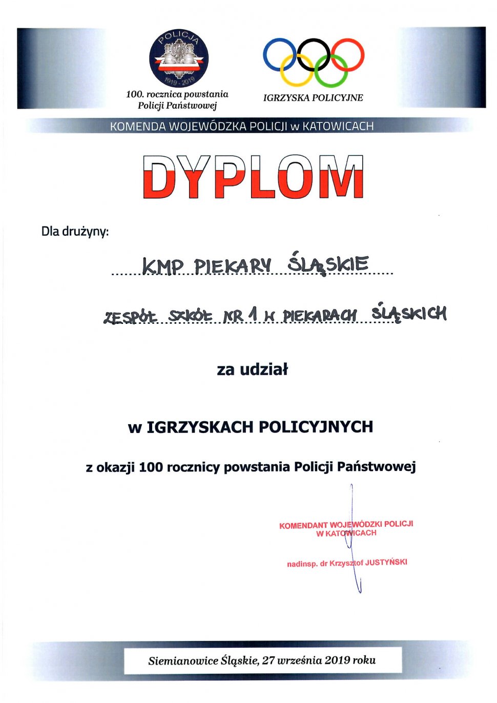 Dyplom za uczestnictwo w Igrzyskach Policyjnych